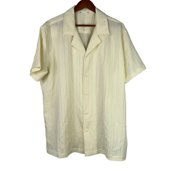 Mens Short Sleeve Button-Up Camp Shirt Size XL Cream Textured Striped Casual Col - Picture 1 of 5